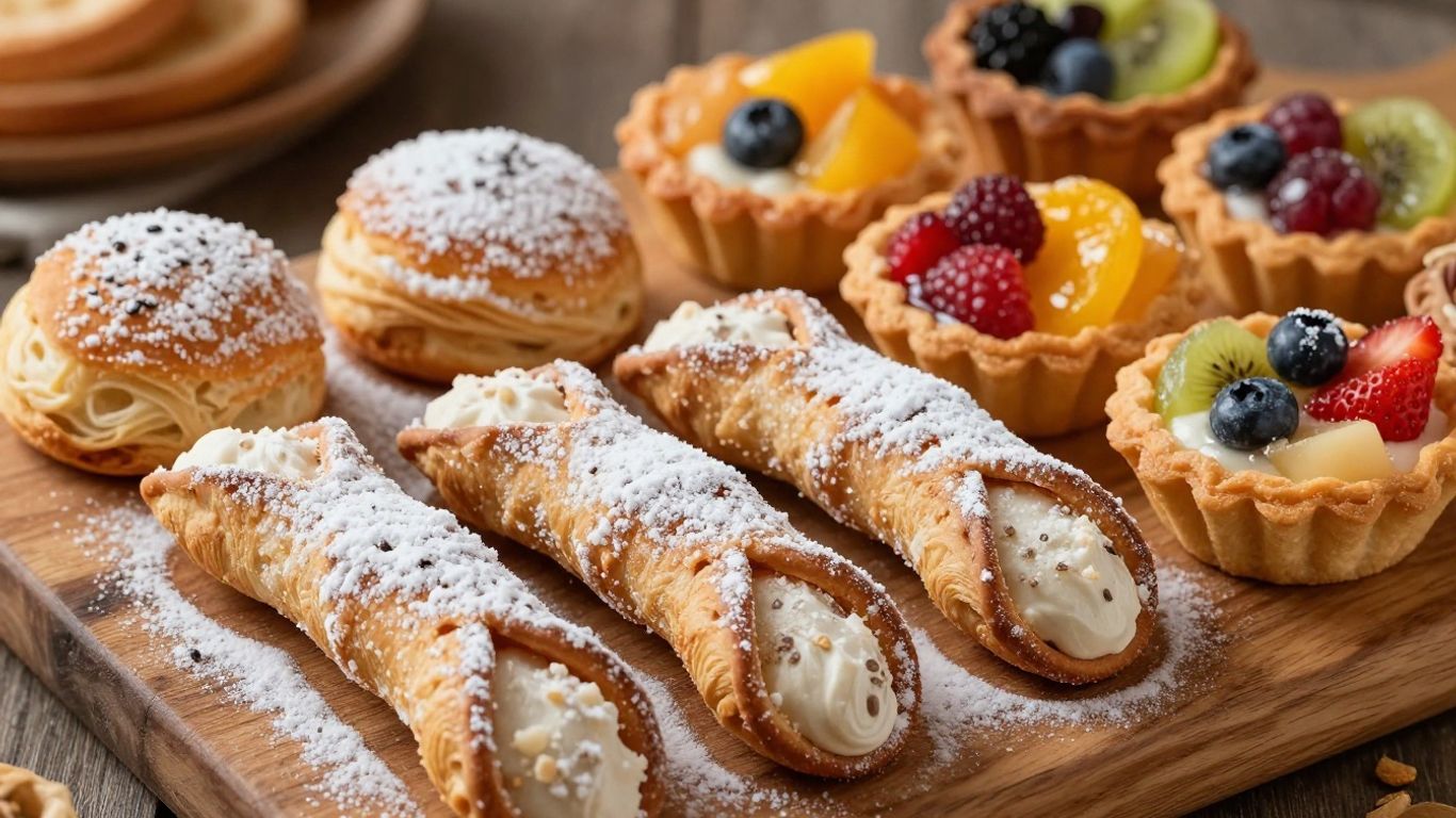 Assorted authentic Italian pastries on a wooden board.